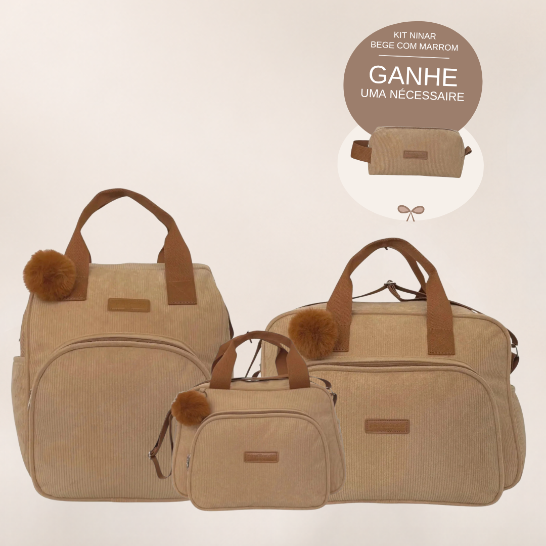 Kit Maternidade Ninar Bege com Marrom: Bolsa Grande, Mochila Grande e Bolsa de Passeio — ganhe a Nécessaire de brinde