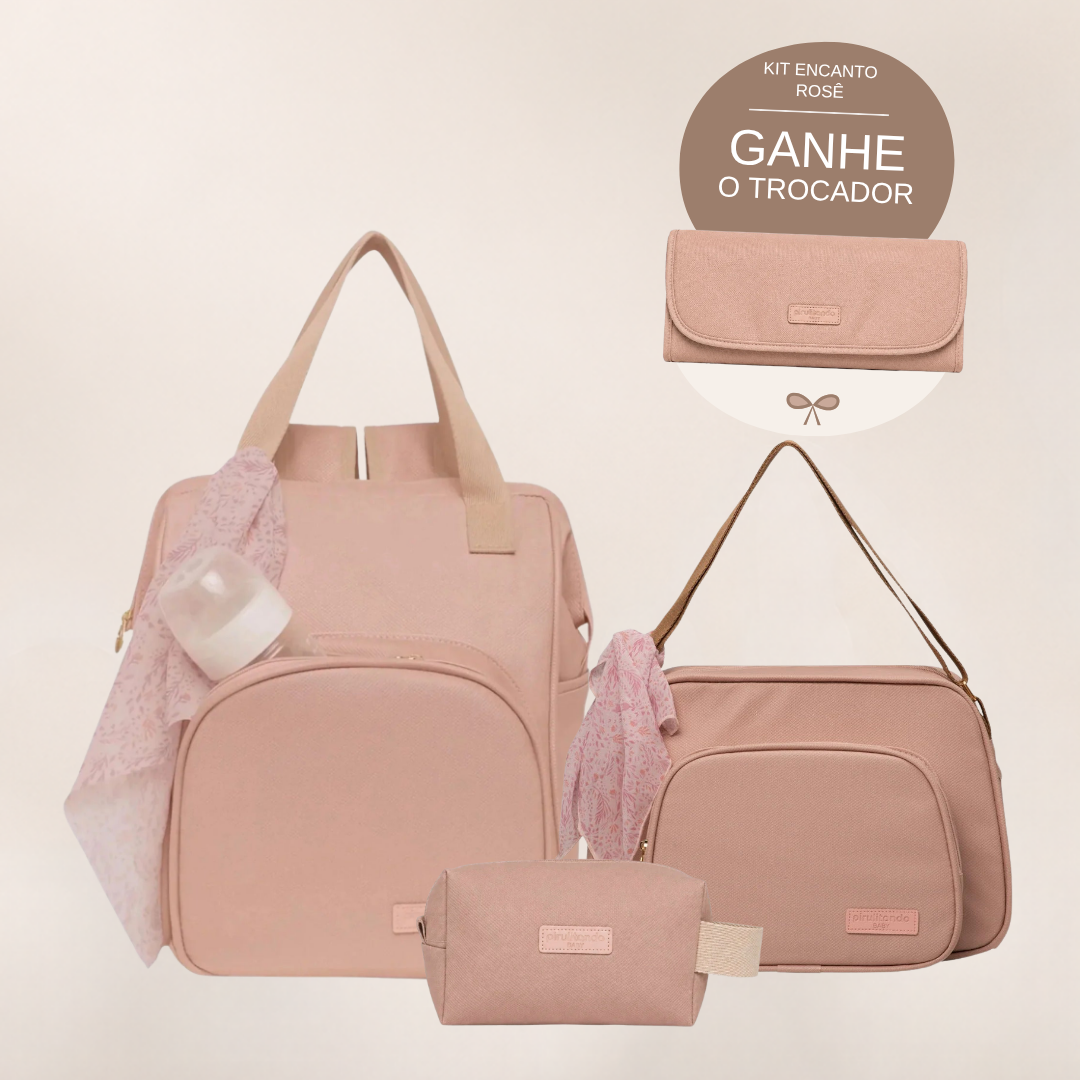 Kit Maternidade Encanto Rosê: Mochila Grande, Bolsa de Passeio e Nécessaire — ganhe o Trocador de brinde