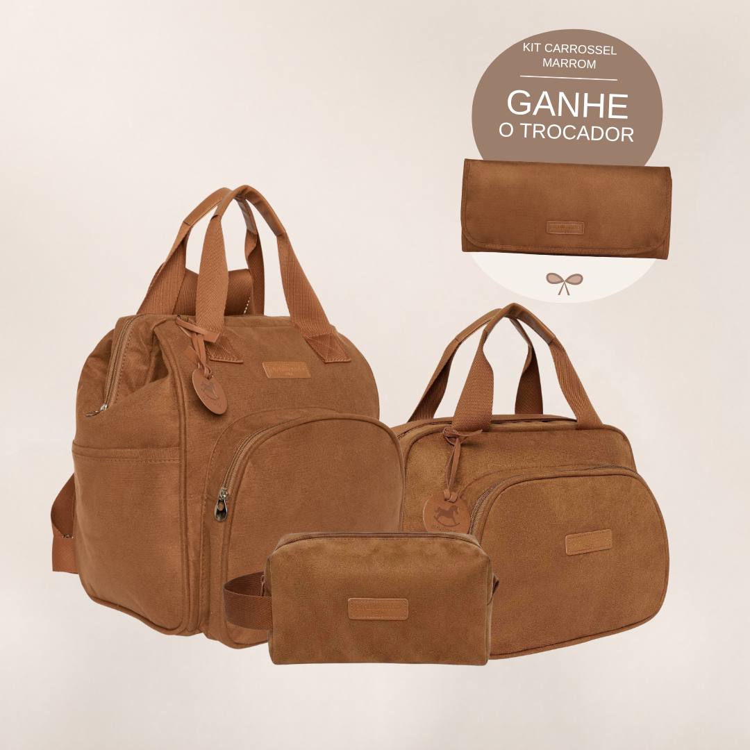 Kit Maternidade Carrossel Marrom: Mochila Grande, Bolsa de Passeio e Nécessaire — ganhe o Trocador de brinde