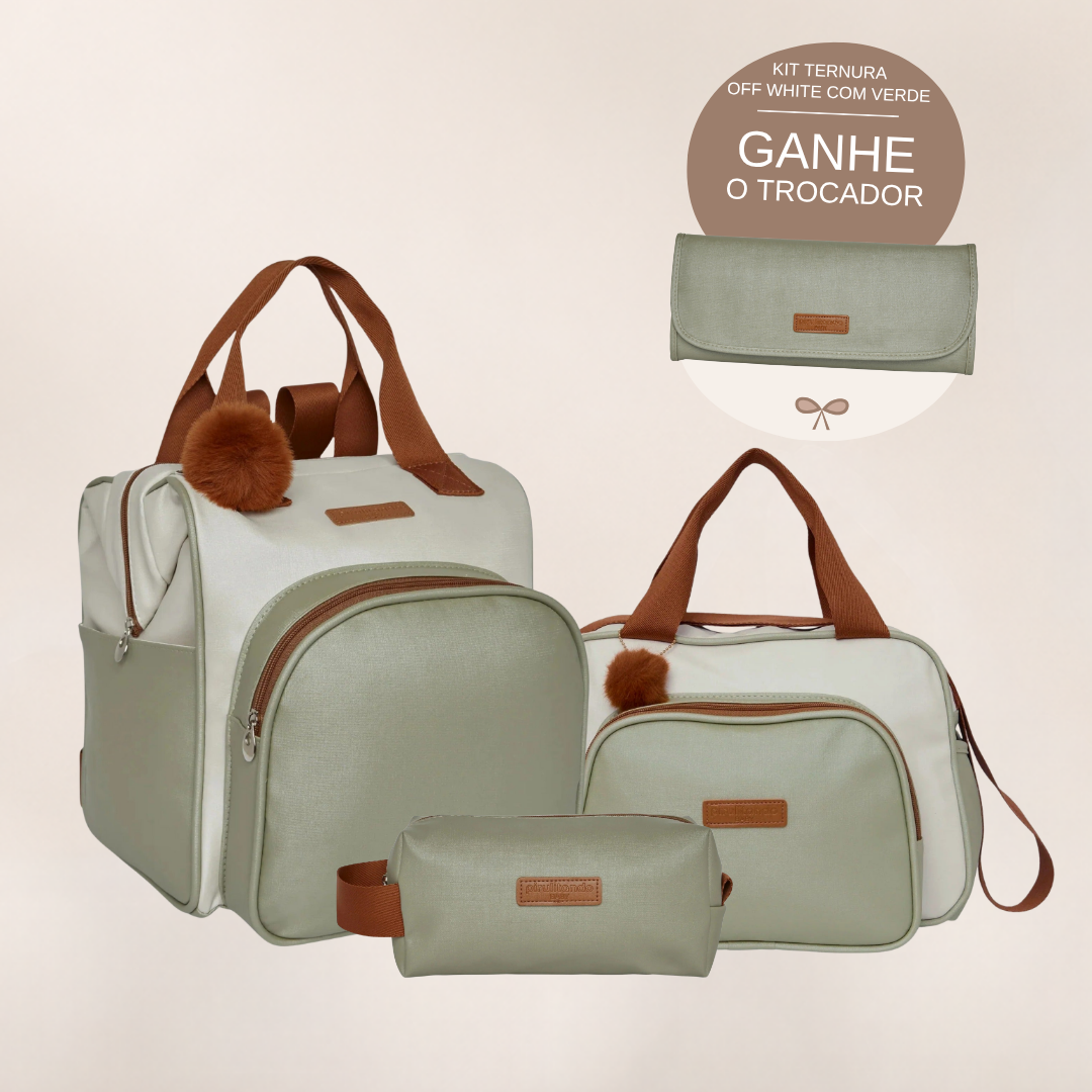 Kit Maternidade Ternura Off White com Verde: Mochila Grande, Bolsa de Passeio e Nécessaire — ganhe o Trocador de brinde