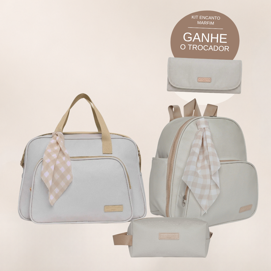 Kit Maternidade Encanto Marfim: Bolsa Grande, Mochila de Passeio e Nécessaire — ganhe o Trocador de brinde