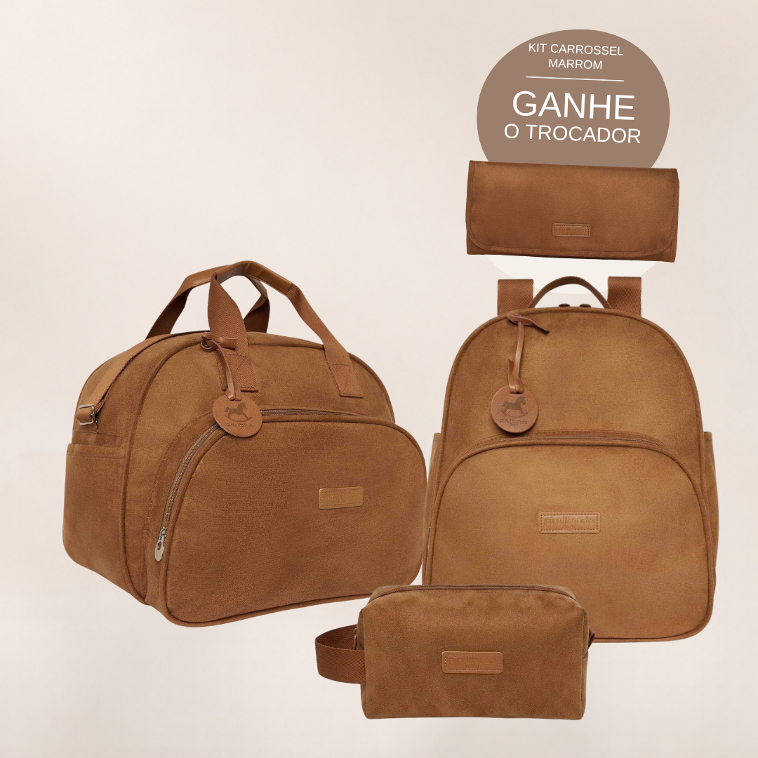 Kit Maternidade Carrossel Marrom: Bolsa Grande, Mochila de Passeio e Nécessaire — ganhe o Trocador de brinde