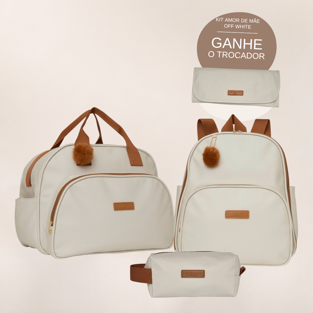 Kit Maternidade Amor de Mãe Off White: Bolsa Grande, Mochila de Passeio e Nécessaire — ganhe o Trocador de brinde