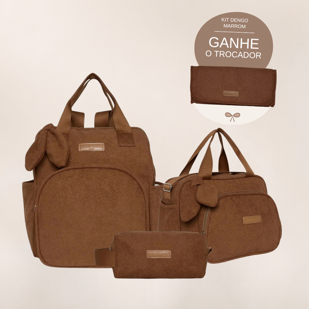 Kit Maternidade Dengo Marrom: Mochila Grande, Bolsa de Passeio e Nécessaire — ganhe o Trocador de brinde