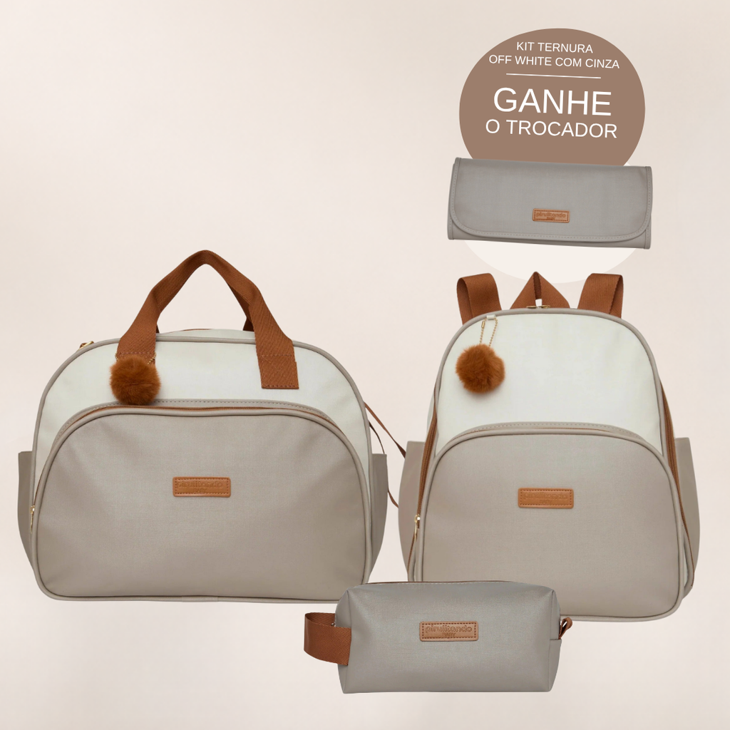 Kit Maternidade Ternura Off White com Cinza: Bolsa Grande, Mochila de Passeio e Nécessaire — ganhe o Trocador de brinde