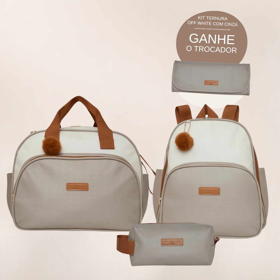 Kit Maternidade Ternura Off White com Cinza: Bolsa Grande, Mochila de Passeio e Nécessaire — ganhe o Trocador de brinde