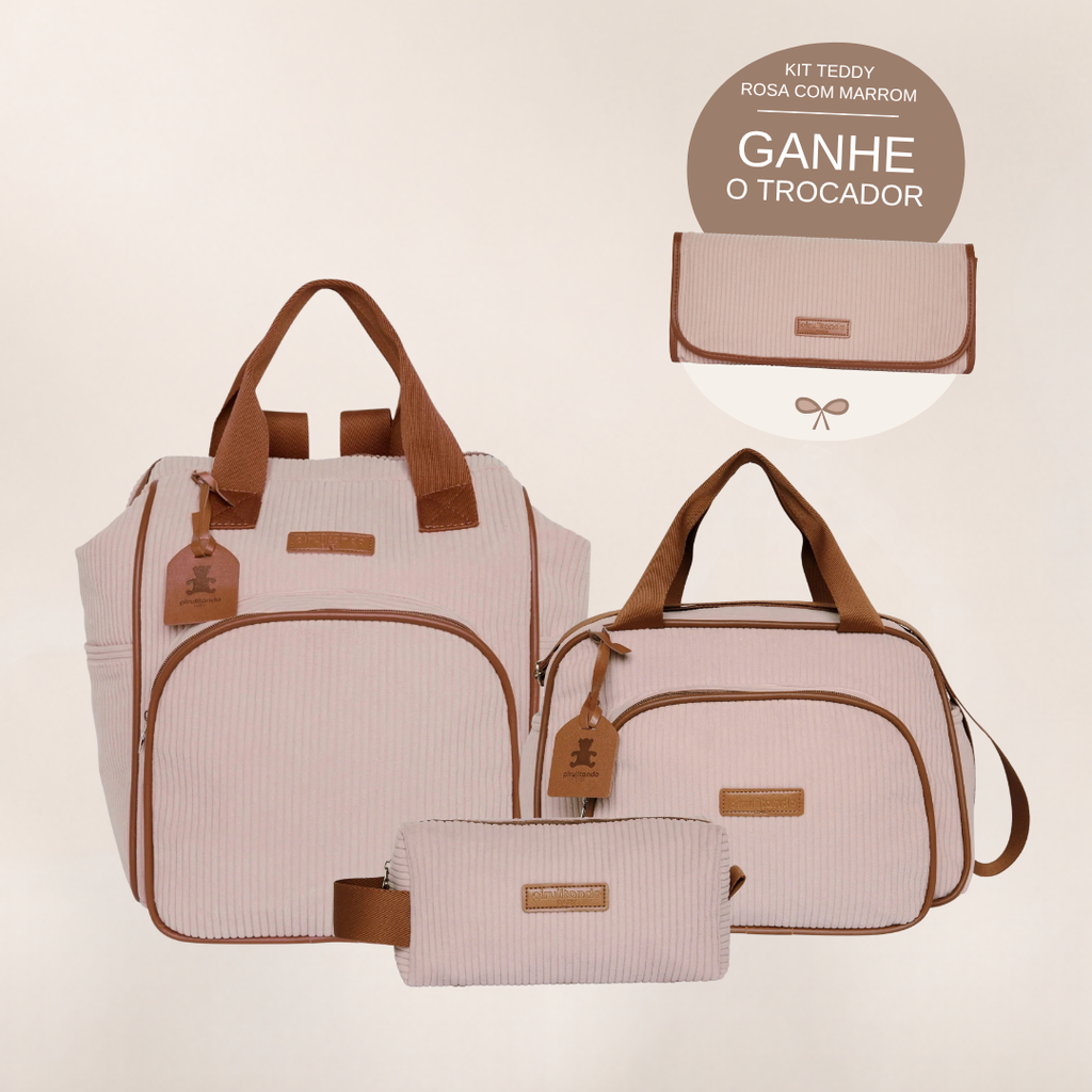 Kit Maternidade Teddy Rosa com Marrom: Mochila Grande, Bolsa de Passeio e Nécessaire — ganhe o Trocador de brinde