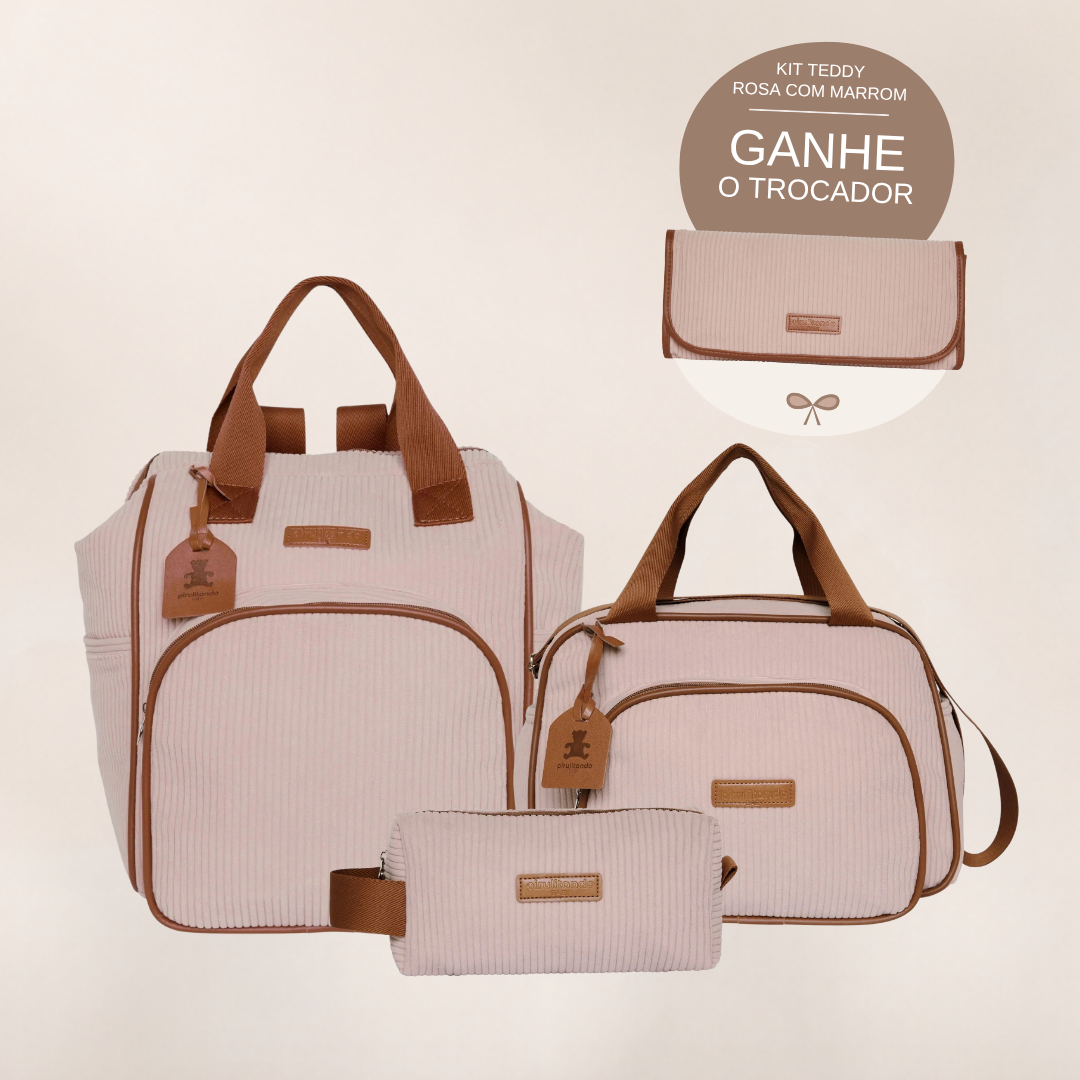 Kit Maternidade Teddy Rosa com Marrom: Mochila Grande, Bolsa de Passeio e Nécessaire — ganhe o Trocador de brinde