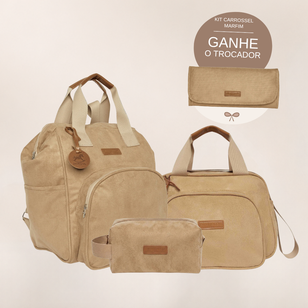 Kit Maternidade Carrossel Marfim: Mochila Grande, Bolsa de Passeio e Nécessaire — ganhe o Trocador de brinde