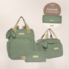 Kit Maternidade Dengo Verde: Mochila Grande, Bolsa de Passeio e Nécessaire — ganhe o Trocador de brinde