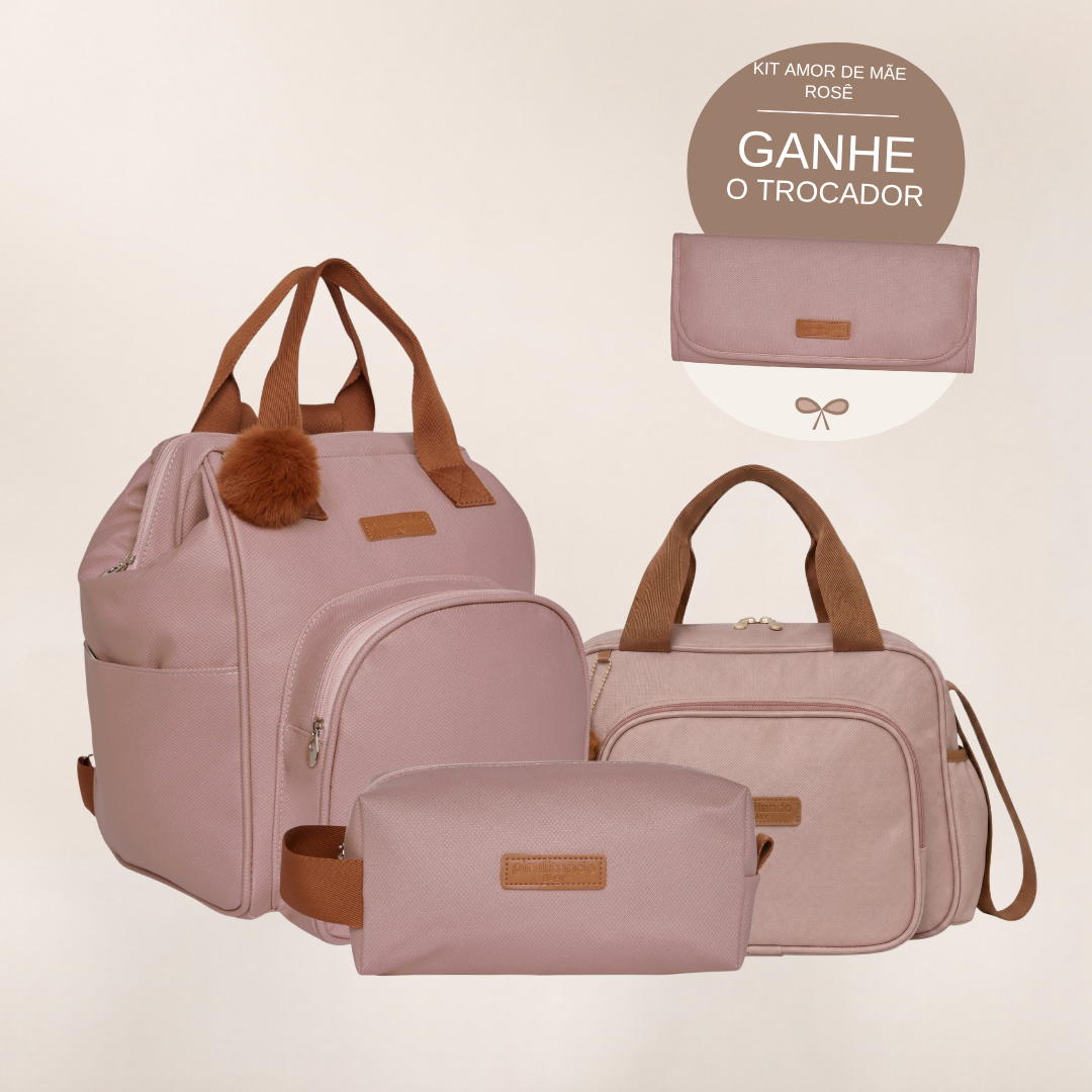 Kit Maternidade Amor de Mãe Rosê: Mochila Grande, Bolsa de Passeio e Nécessaire — ganhe o Trocador de brinde