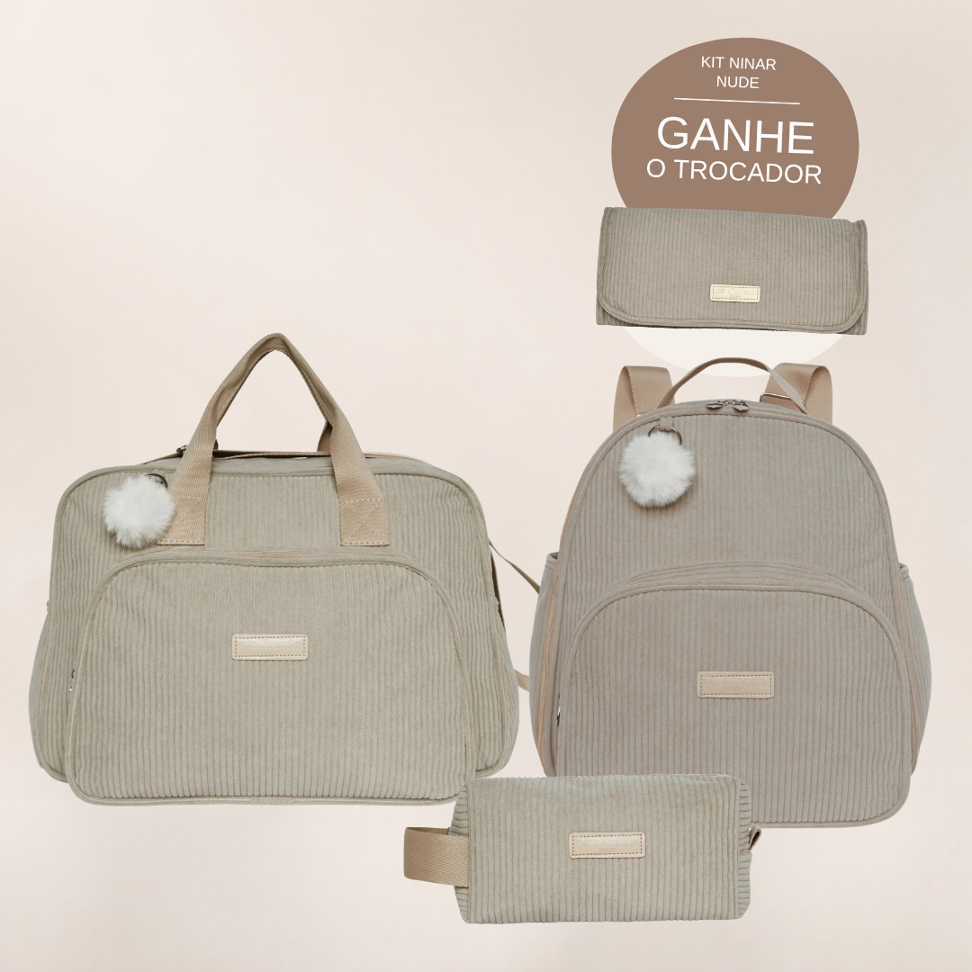 Kit Maternidade Ninar Nude: Bolsa Grande, Mochila de Passeio e Nécessaire — ganhe o Trocador de brinde