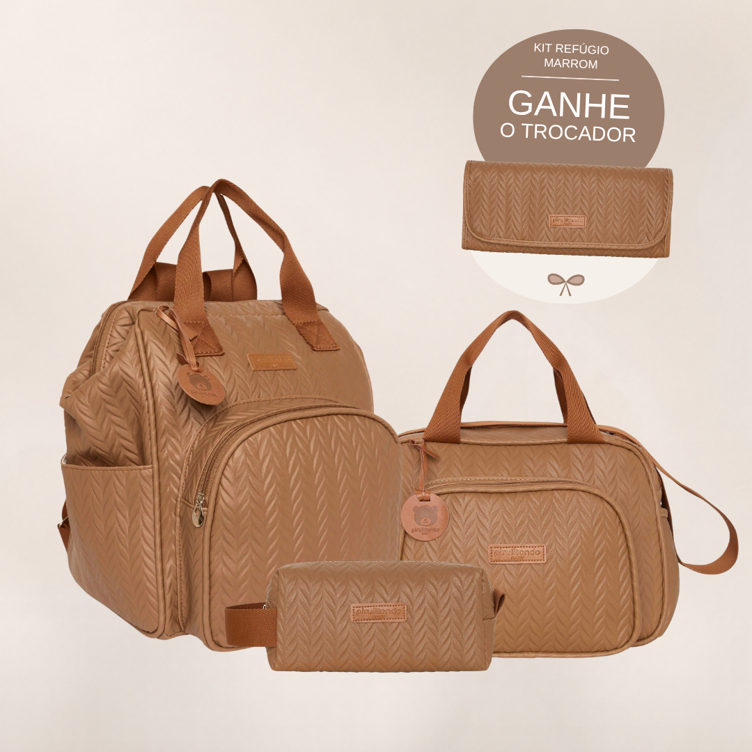 Kit Maternidade Refúgio Marrom: Mochila Grande, Bolsa de Passeio e Nécessaire — ganhe o Trocador de brinde