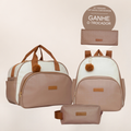 Kit Maternidade Ternura Off White com Marrom: Bolsa Grande, Mochila de Passeio e Nécessaire — ganhe o Trocador de brinde