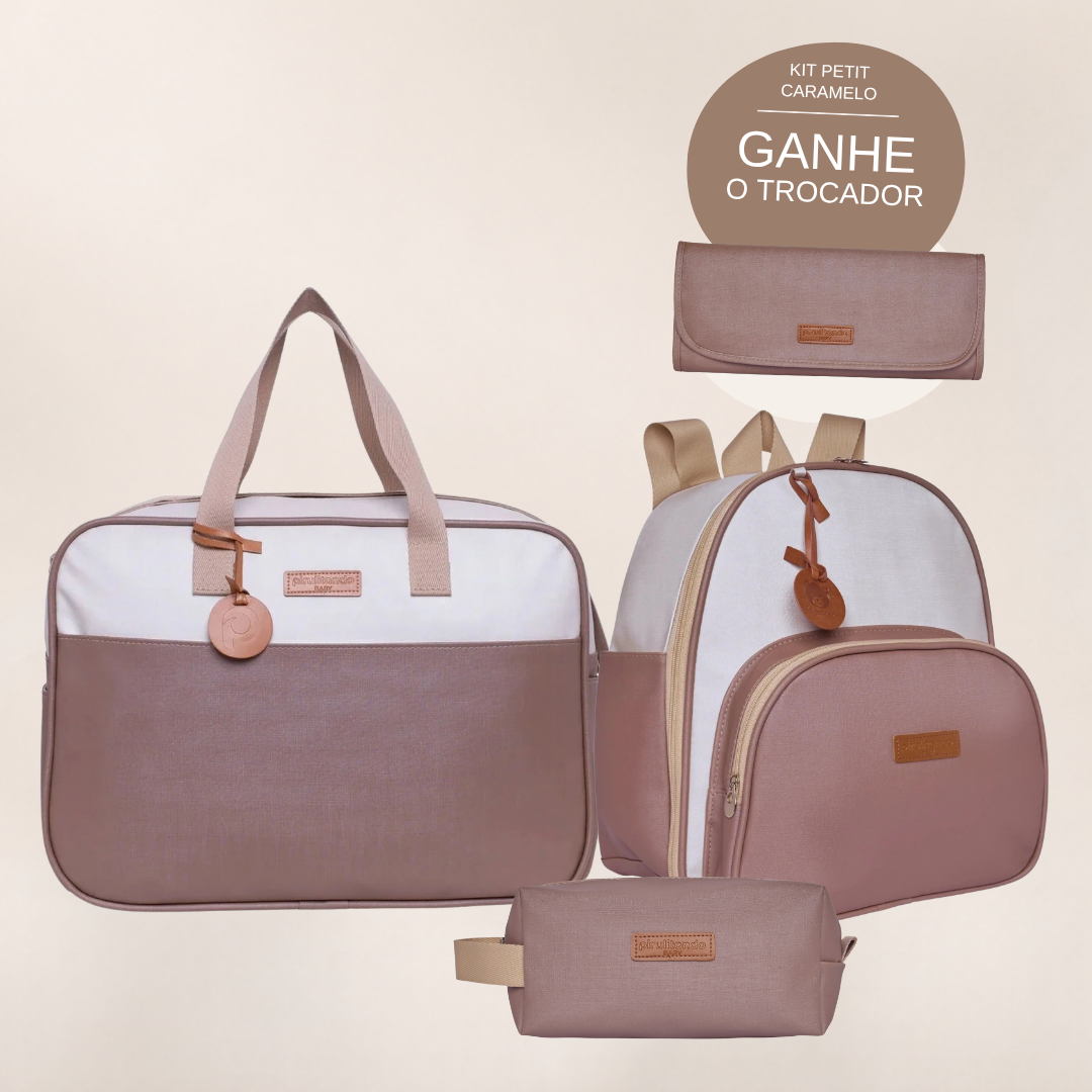 Kit Maternidade Petit Caramelo: Bolsa Grande, Mochila de Passeio e Nécessaire — ganhe o Trocador de brinde