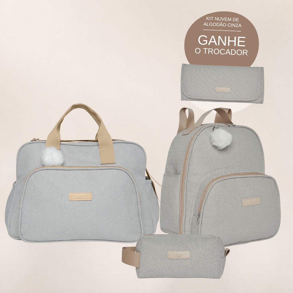 Kit Maternidade Nuvem de Algodão Cinza: Bolsa Grande, Mochila de Passeio e Nécessaire — ganhe o Trocador de brinde