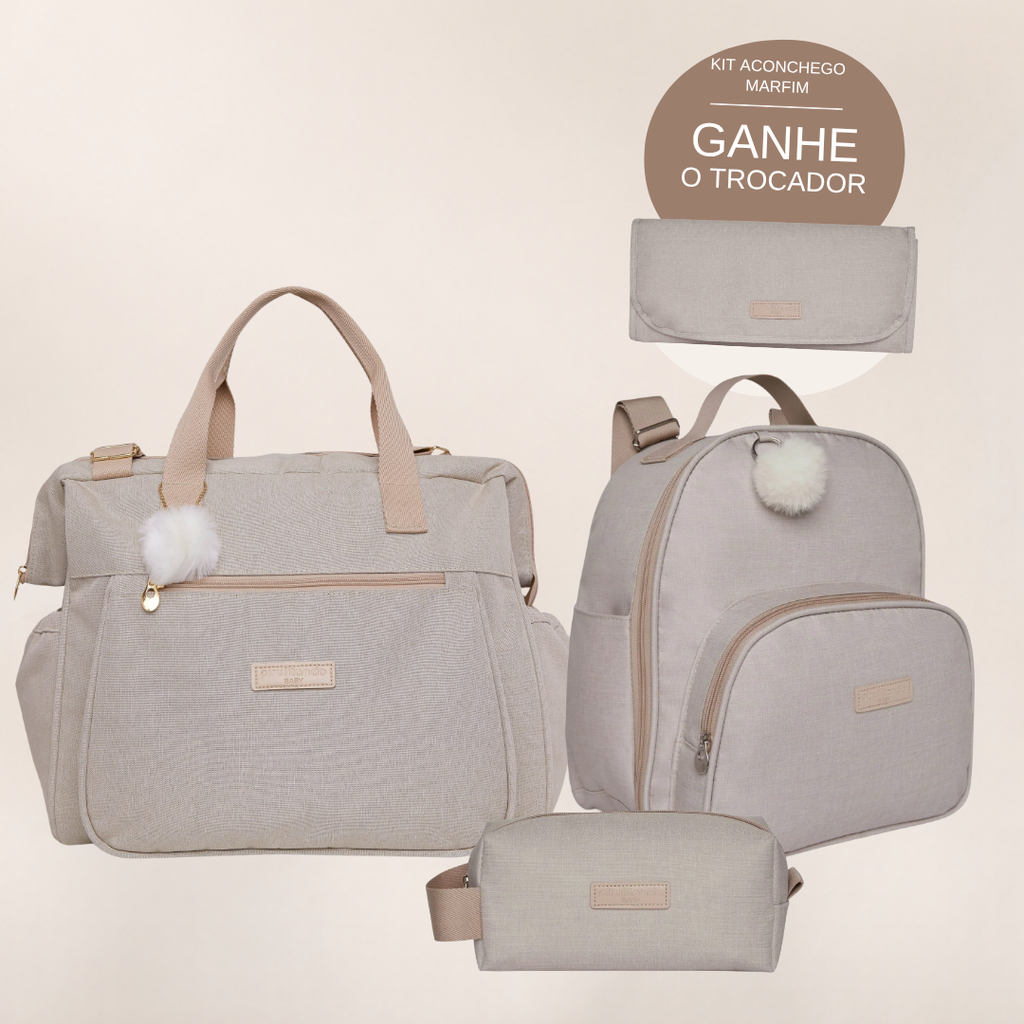 Kit Maternidade Aconchego Marfim: Bolsa Grande, Mochila de Passeio e Nécessaire — ganhe o Trocador de brinde