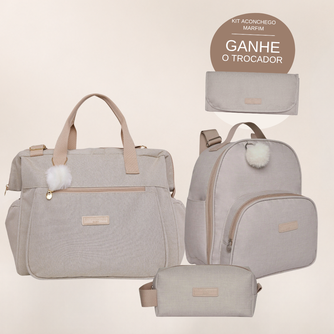 Kit Maternidade Aconchego Marfim: Bolsa Grande, Mochila de Passeio e Nécessaire — ganhe o Trocador de brinde