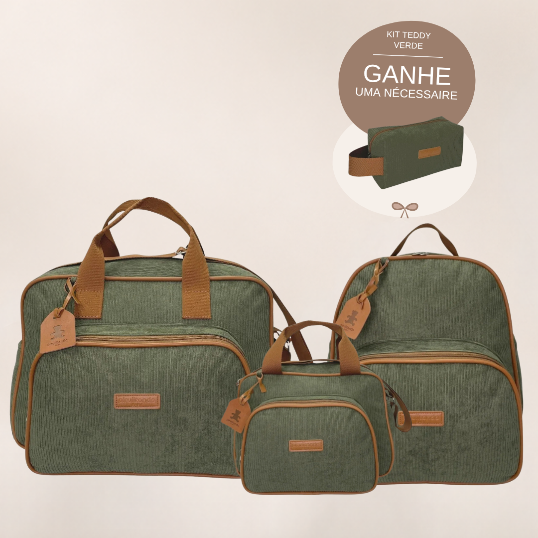 Kit Maternidade Teddy Verde: Bolsa Grande, Mochila de Passeio e Bolsa de Passeio — ganhe a Nécessaire de brinde