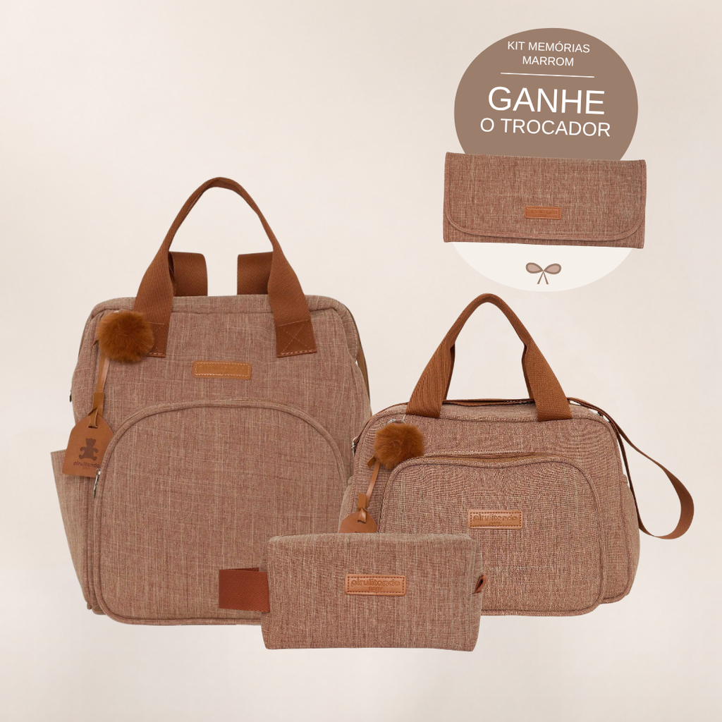 Kit Maternidade Memórias Marrom: Mochila Grande, Bolsa de Passeio e Nécessaire — ganhe o Trocador de brinde