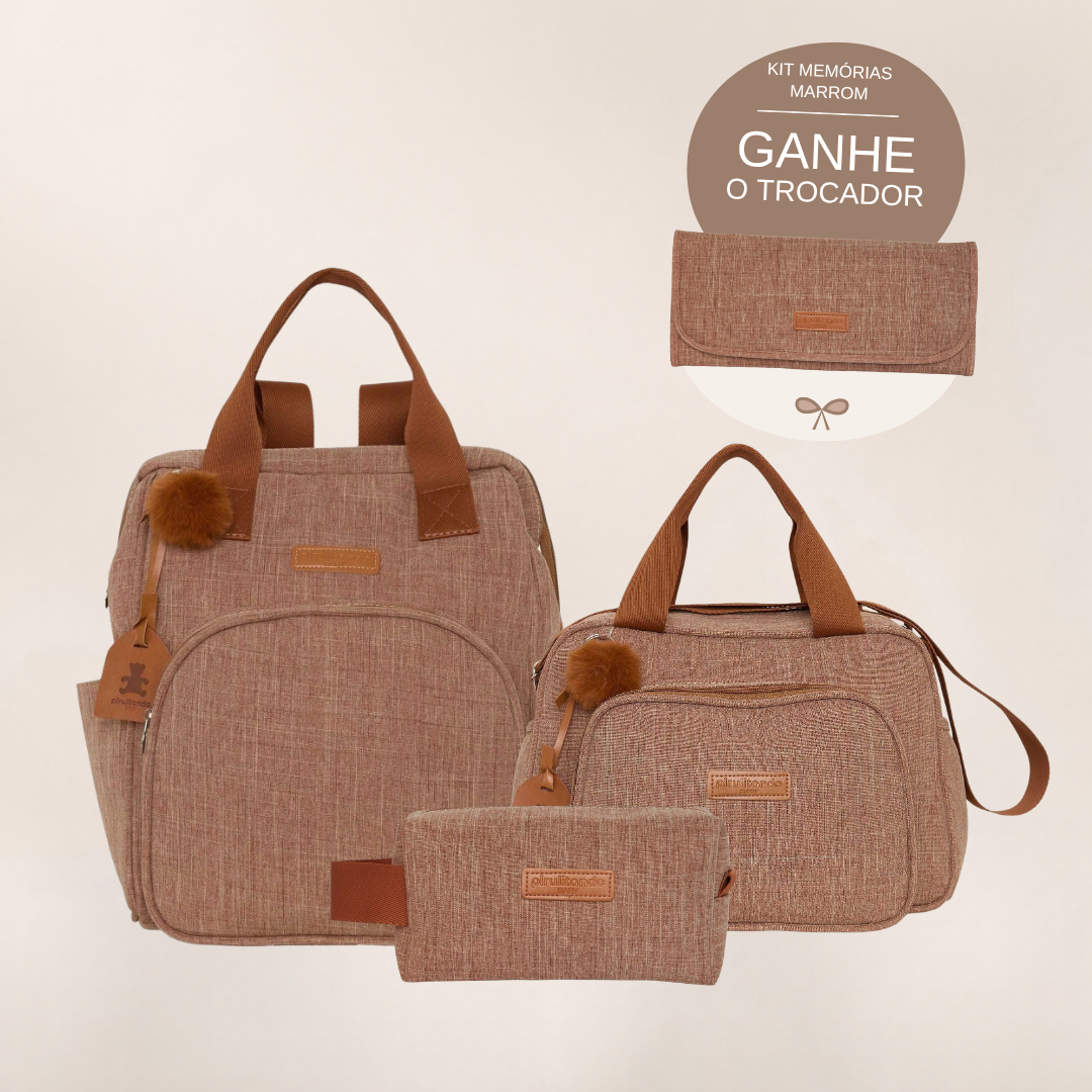 Kit Maternidade Memórias Marrom: Mochila Grande, Bolsa de Passeio e Nécessaire — ganhe o Trocador de brinde