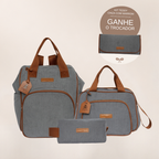 Kit Maternidade Teddy Cinza com Marrom: Mochila Grande, Bolsa de Passeio e Nécessaire — ganhe o Trocador de brinde