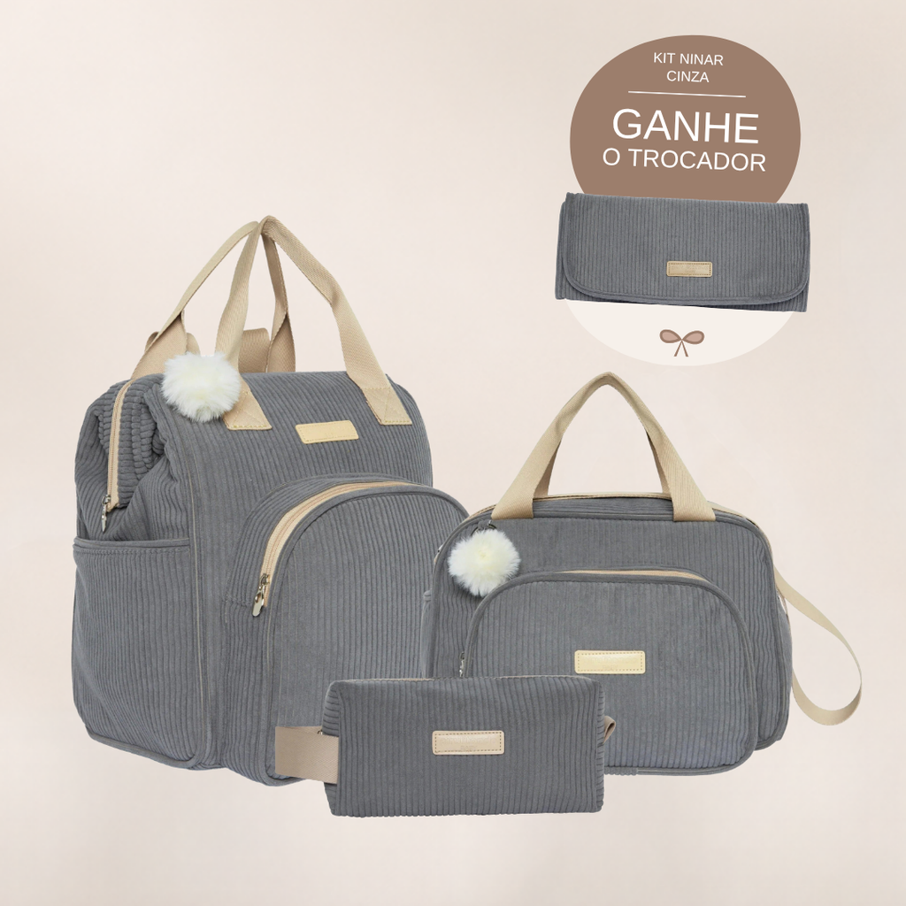 Kit Maternidade Ninar Cinza: Mochila Grande, Bolsa de Passeio e Nécessaire — ganhe o Trocador de brinde