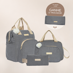 Kit Maternidade Ninar Cinza: Mochila Grande, Bolsa de Passeio e Nécessaire — ganhe o Trocador de brinde