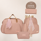 Kit Maternidade Encanto Rosê: Bolsa Grande, Mochila de Passeio e Nécessaire — ganhe o Trocador de brinde