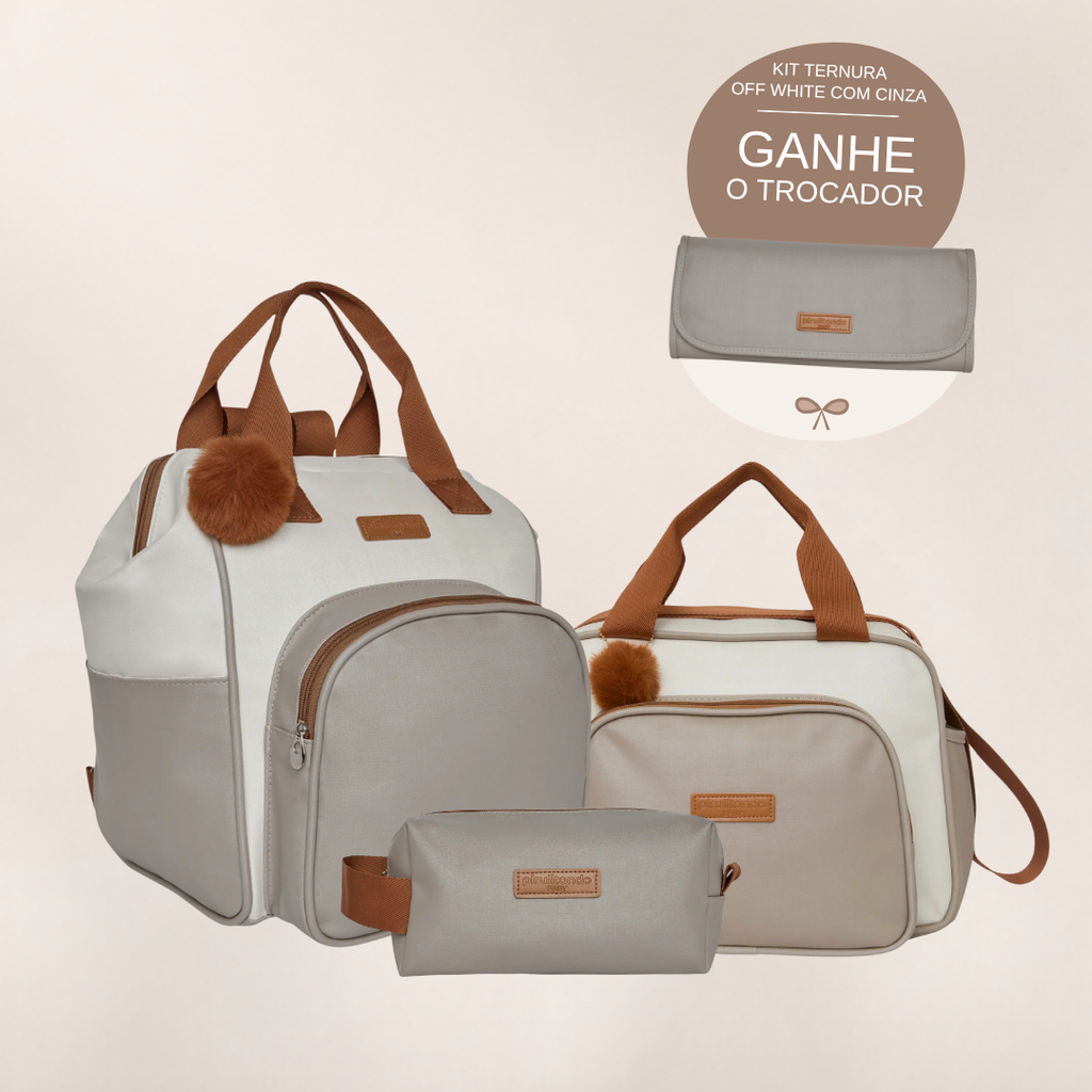 Kit Maternidade Ternura Off White com Cinza: Mochila Grande, Bolsa de Passeio e Nécessaire — ganhe o Trocador de brinde