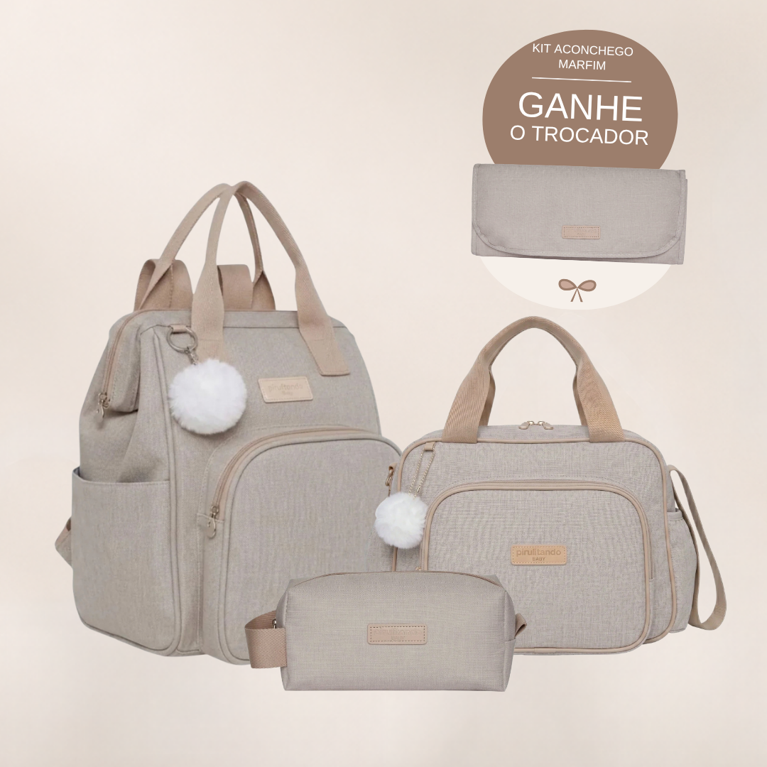 Kit Maternidade Aconchego Marfim: Mochila Grande, Bolsa de Passeio e Nécessaire — ganhe o Trocador de brinde