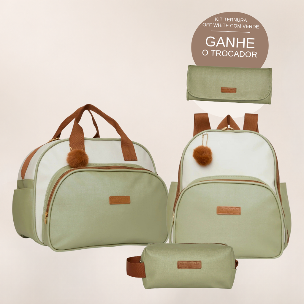 Kit Maternidade Ternura Off White com Verde: Bolsa Grande, Mochila de Passeio e Nécessaire — ganhe o Trocador de brinde