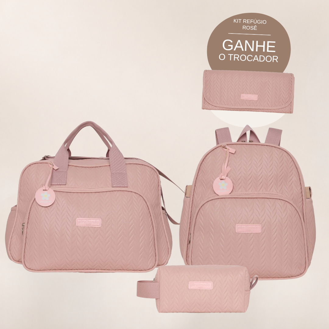 Kit Maternidade Refúgio Rosê: Bolsa Grande, Mochila de Passeio e Nécessaire — ganhe o Trocador de brinde