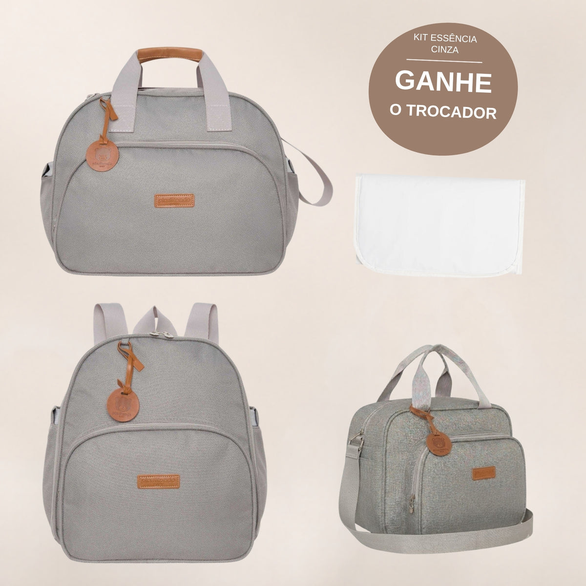 Kit Maternidade Essência Cinza: Bolsa Grande, Mochila de Passeio e Bolsa de Passeio, com Trocador Branco de brinde