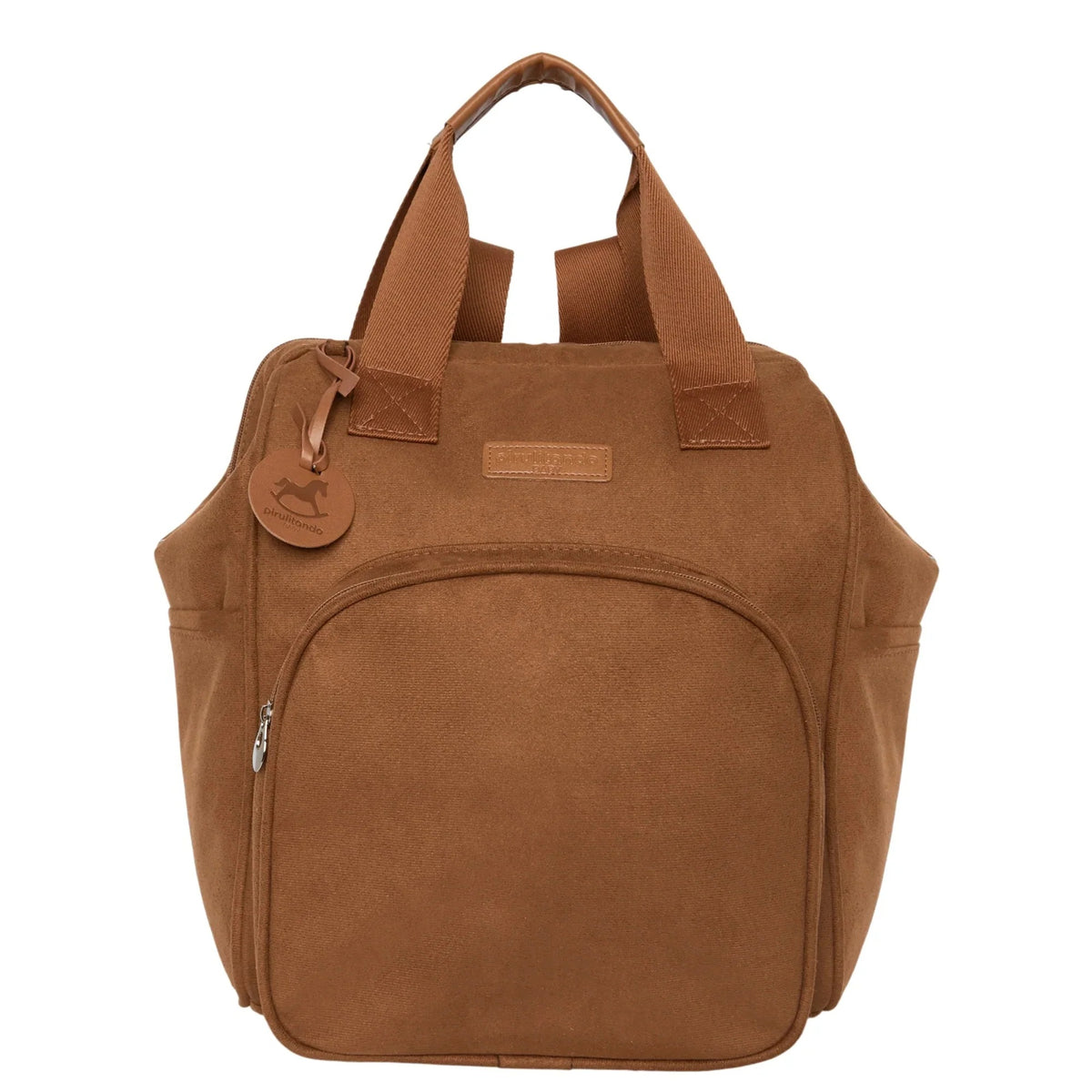 Frente da Mochila Maternidade Grande com Bolso Térmico Carrossel Marrom, com bolso frontal térmico