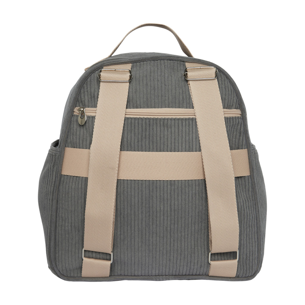 Mochila maternidade de passeio Ninar cinza, vista traseira com alças ajustáveis e bolso de segurança