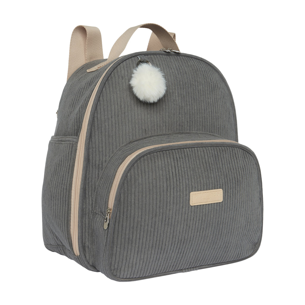 Mochila maternidade de passeio Ninar cinza vista lateral, com bolso térmico frontal