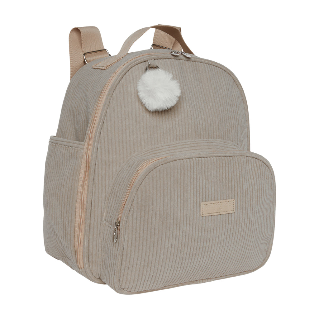 Mochila maternidade de passeio Ninar nude vista lateral, com bolso térmico frontal