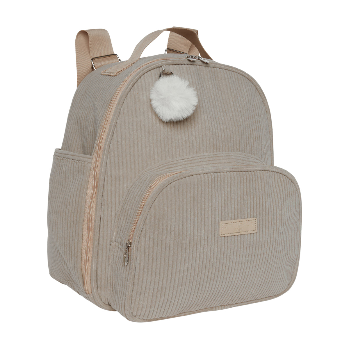 Mochila maternidade de passeio Ninar nude vista lateral, com bolso térmico frontal