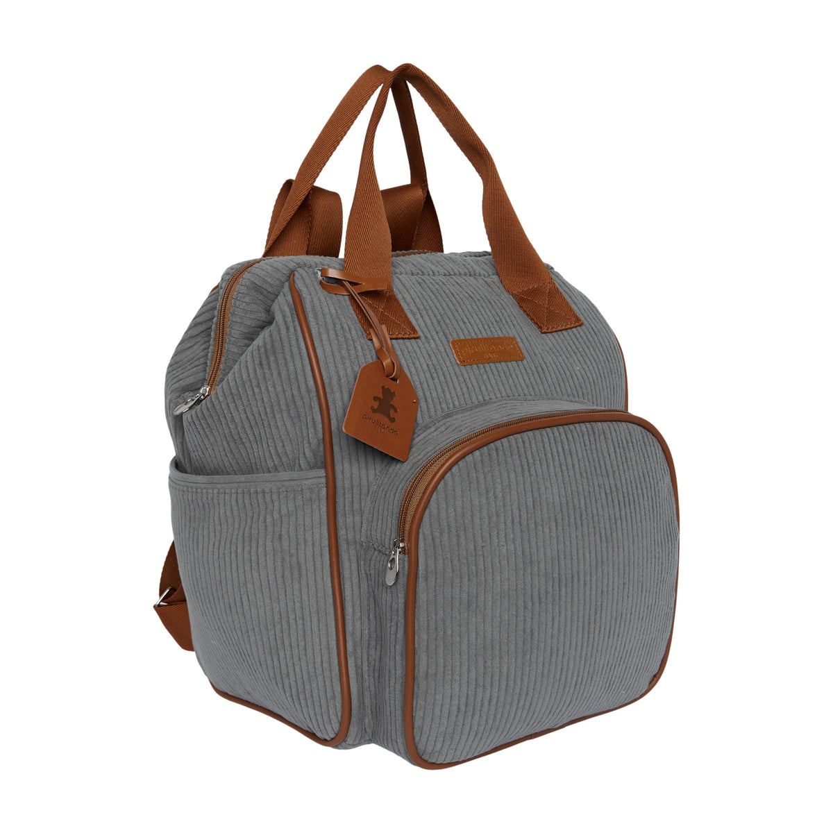 Mochila Maternidade Grande com Bolso Térmico Teddy Cinza com Marrom