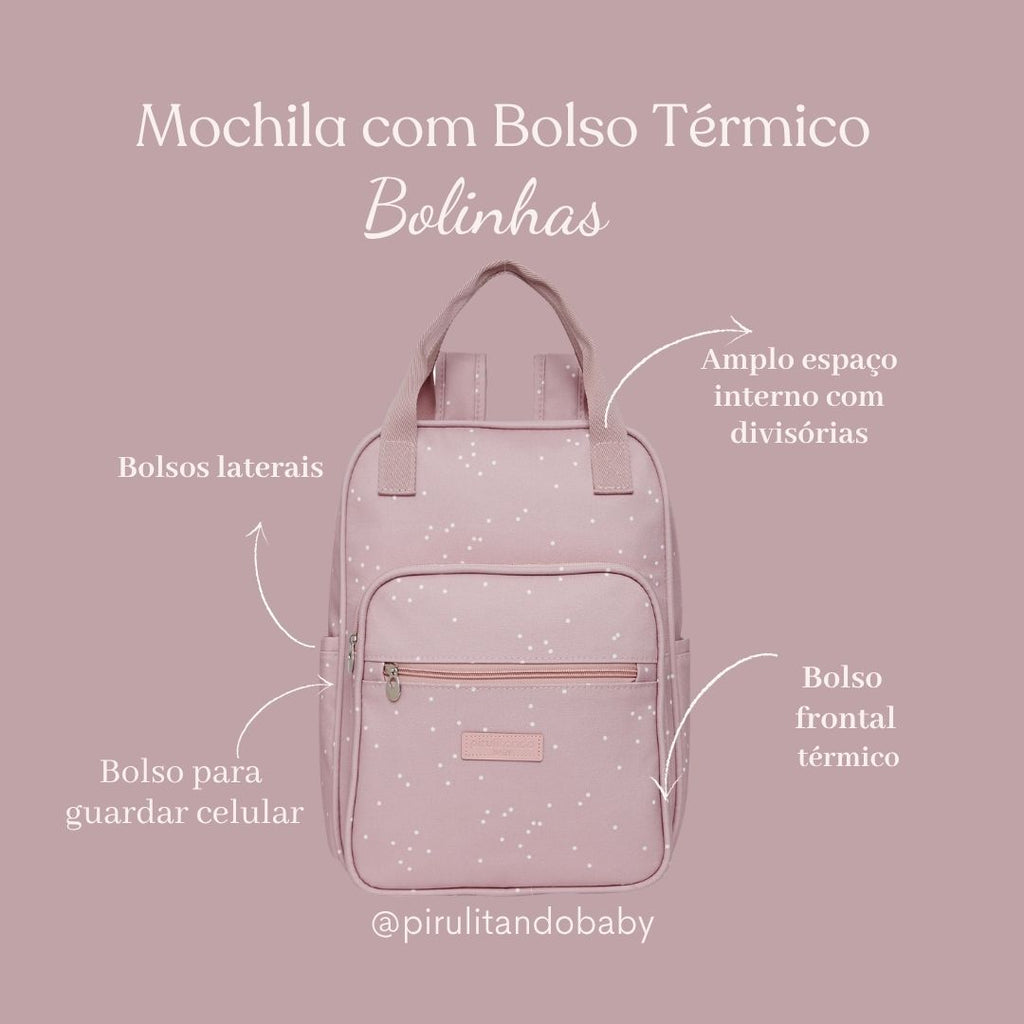 Mochila Maternidade com Bolso Térmico Bolinhas Rosa