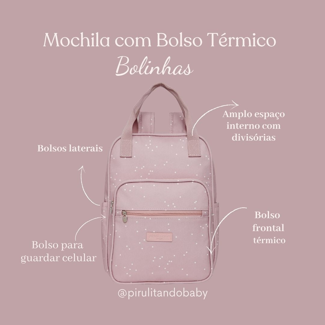 Mochila Maternidade com Bolso Térmico Bolinhas Rosa