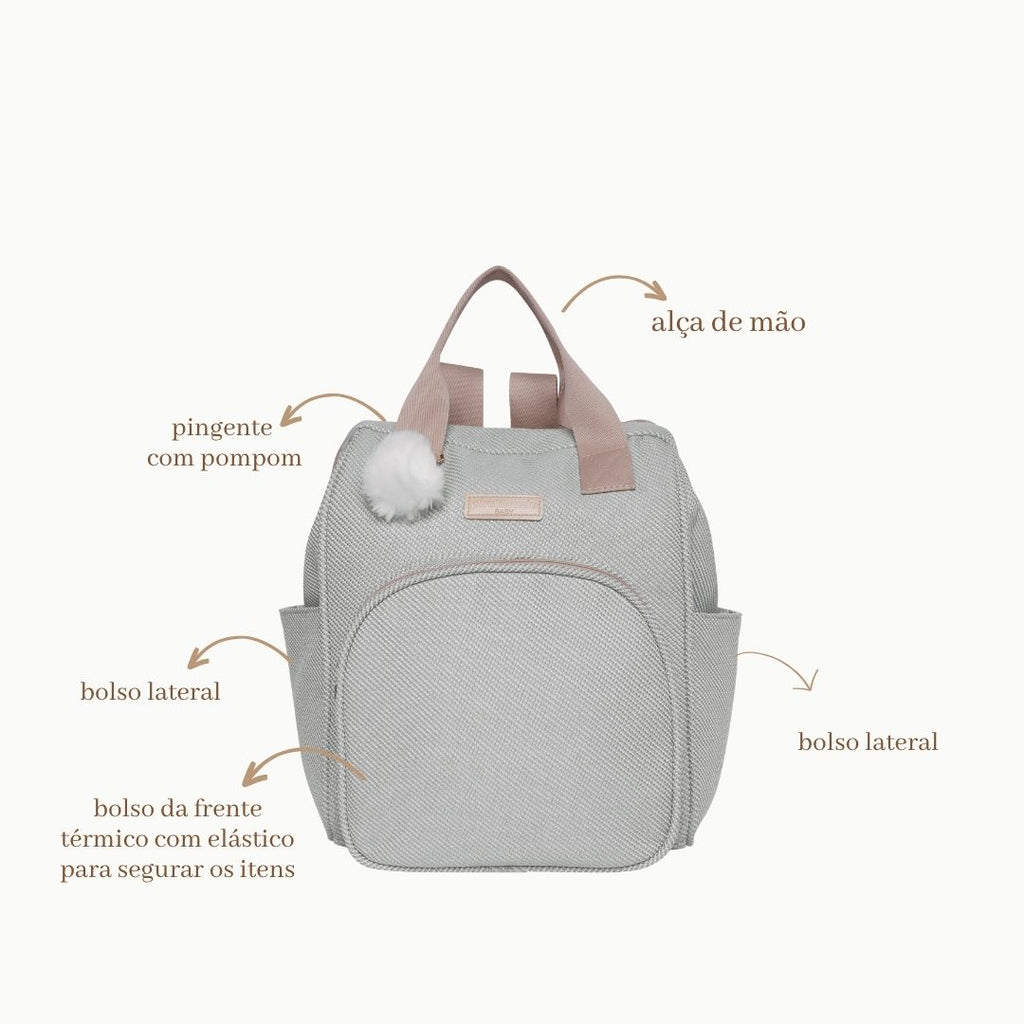 Mochila Maternidade Média Nuvem de Algodão Cinza com Bolso Frontal Térmico