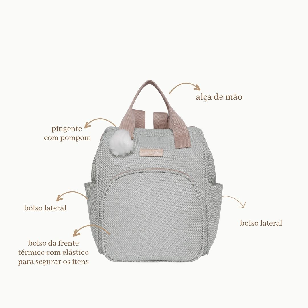 Mochila Maternidade Média Nuvem de Algodão Cinza com Bolso Frontal Térmico