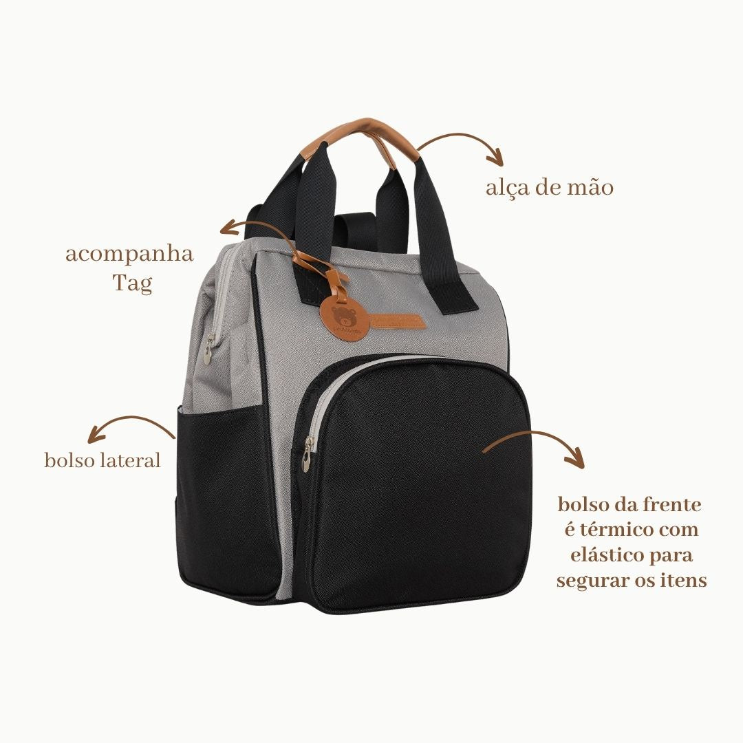 Mochila Média c/ Bolso Térmico Abraço Cinza/Preto