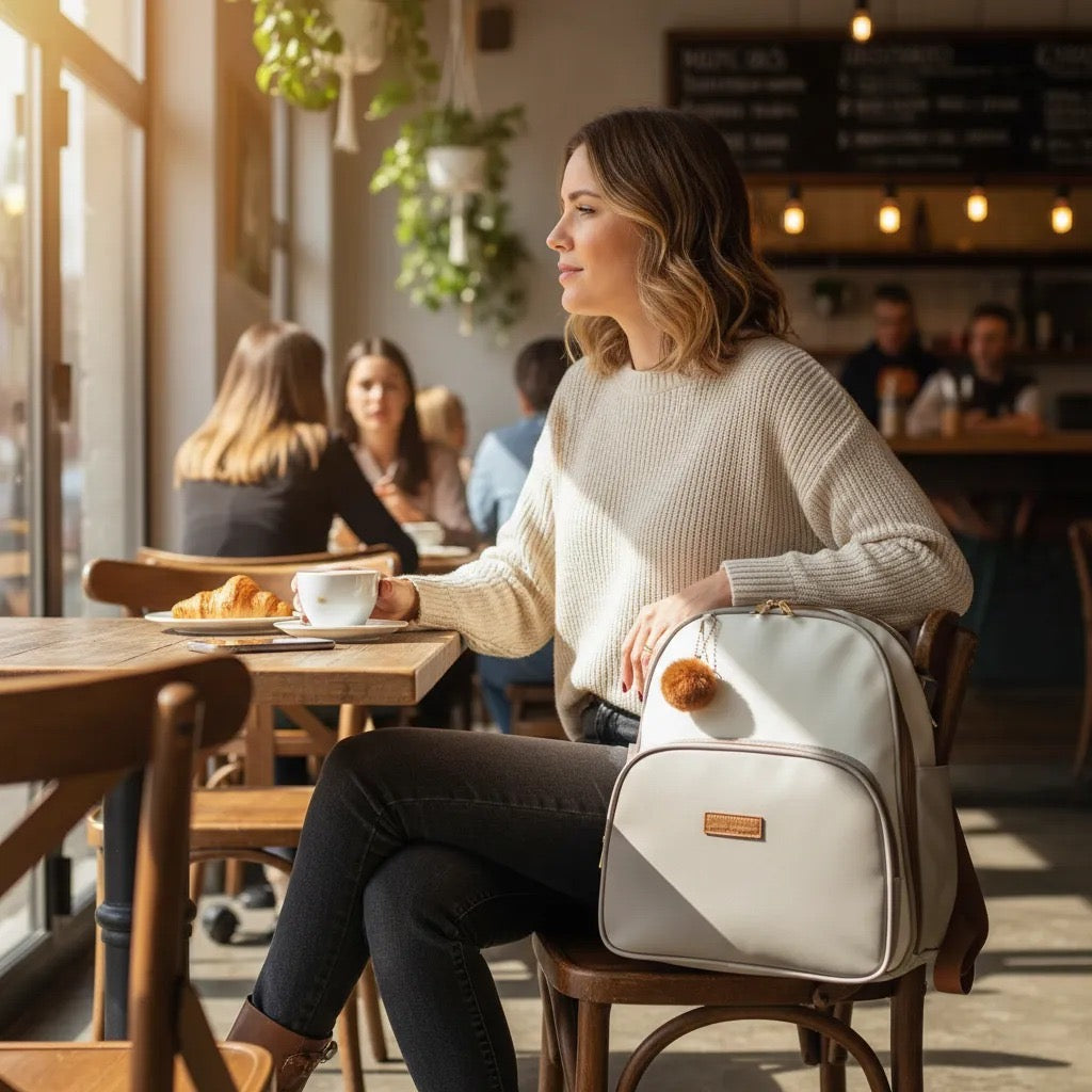 Mochila Maternidade de Passeio com Bolso Térmico Ternura Off White com Cinza