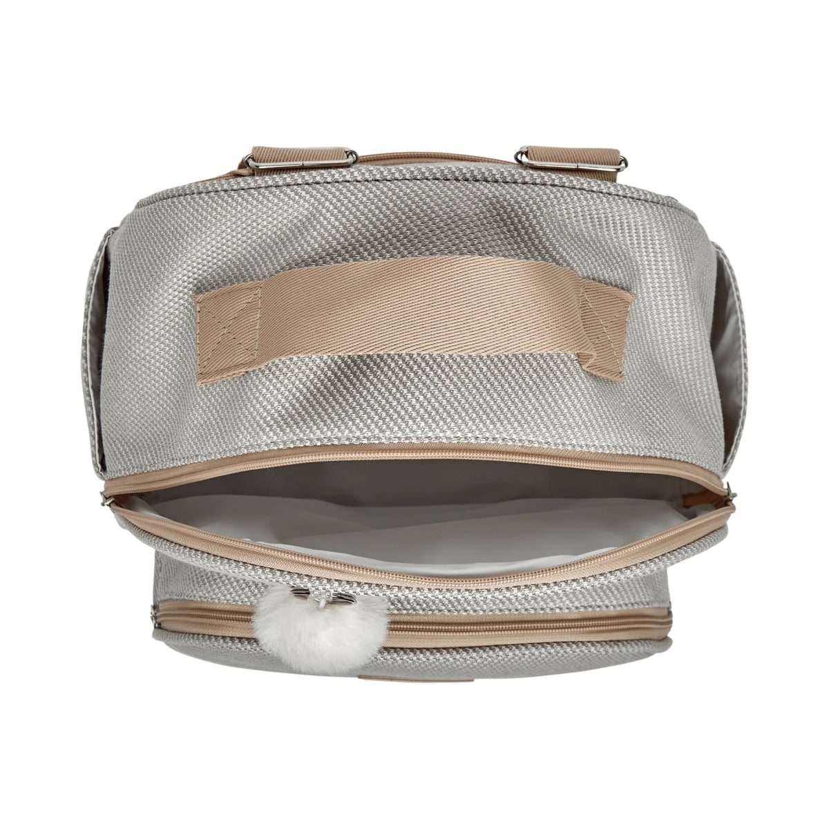 Vista superior da Mochila Maternidade de Passeio com Bolso Térmico Nuvem de Algodão Cinza com o bolso frontal térmico aberto