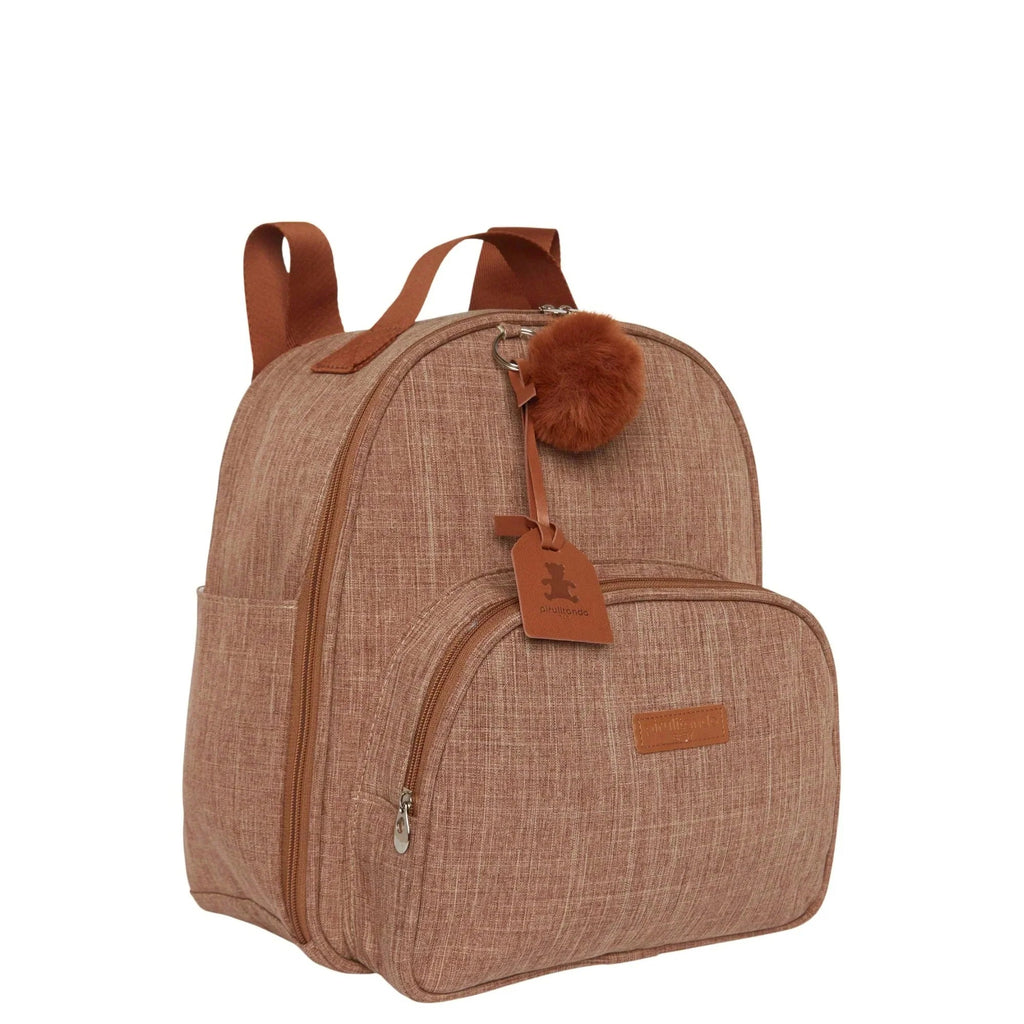 Mochila Maternidade de Passeio com Bolso Térmico Memórias Marrom em linho mescla, vista em 3/4