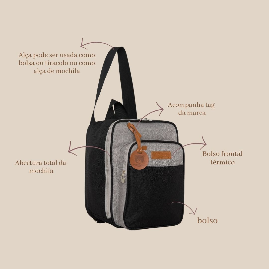 Mochila Multifuncional 2x1 com Bolso Térmico Abraço Cinza/Preto
