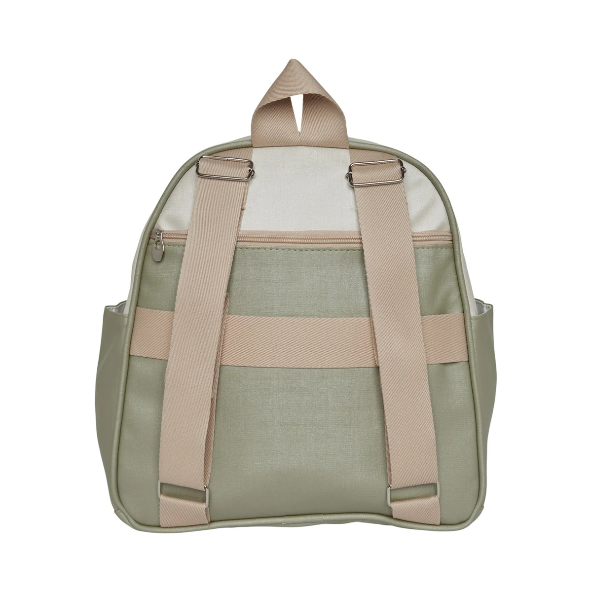 Costas da Mochila Maternidade de Passeio com Bolso Térmico Petit Verde, com alças ajustáveis e faixa traseira para acoplar na mala de rodinha